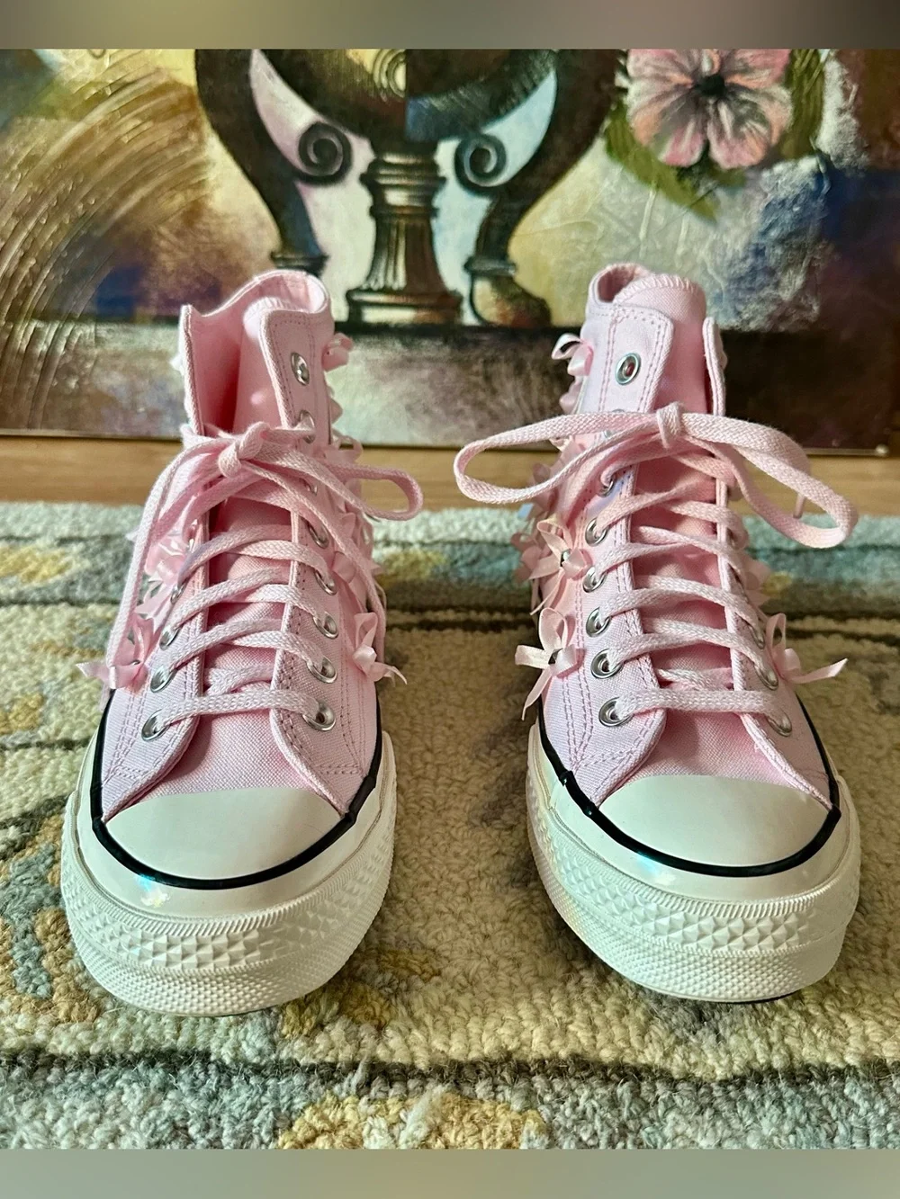 pink converse platforms w bows & studs / size 8